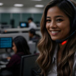 A smiling call center worker answers the call.