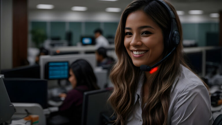 A smiling call center worker answers the call and provides the s